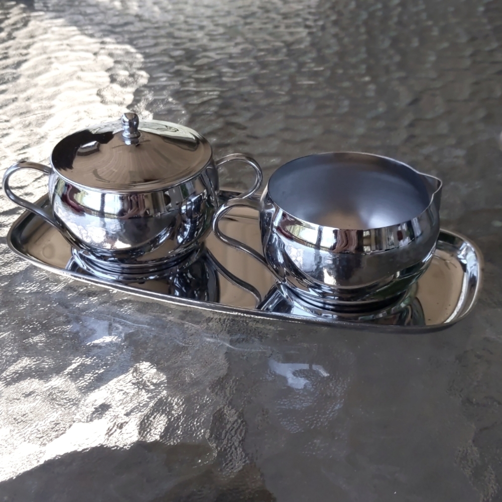 Vintage Chrome Milbern Creations Sugar Bowl, Creamer Set With Tray